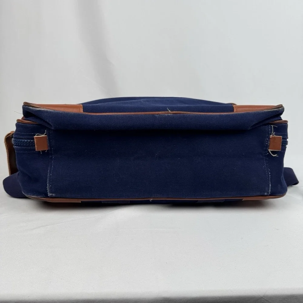Vtg Lands End Square Rigger Weekender Bag Navy Blue Canvas Leather Luggage 20" - Picture 5 of 9